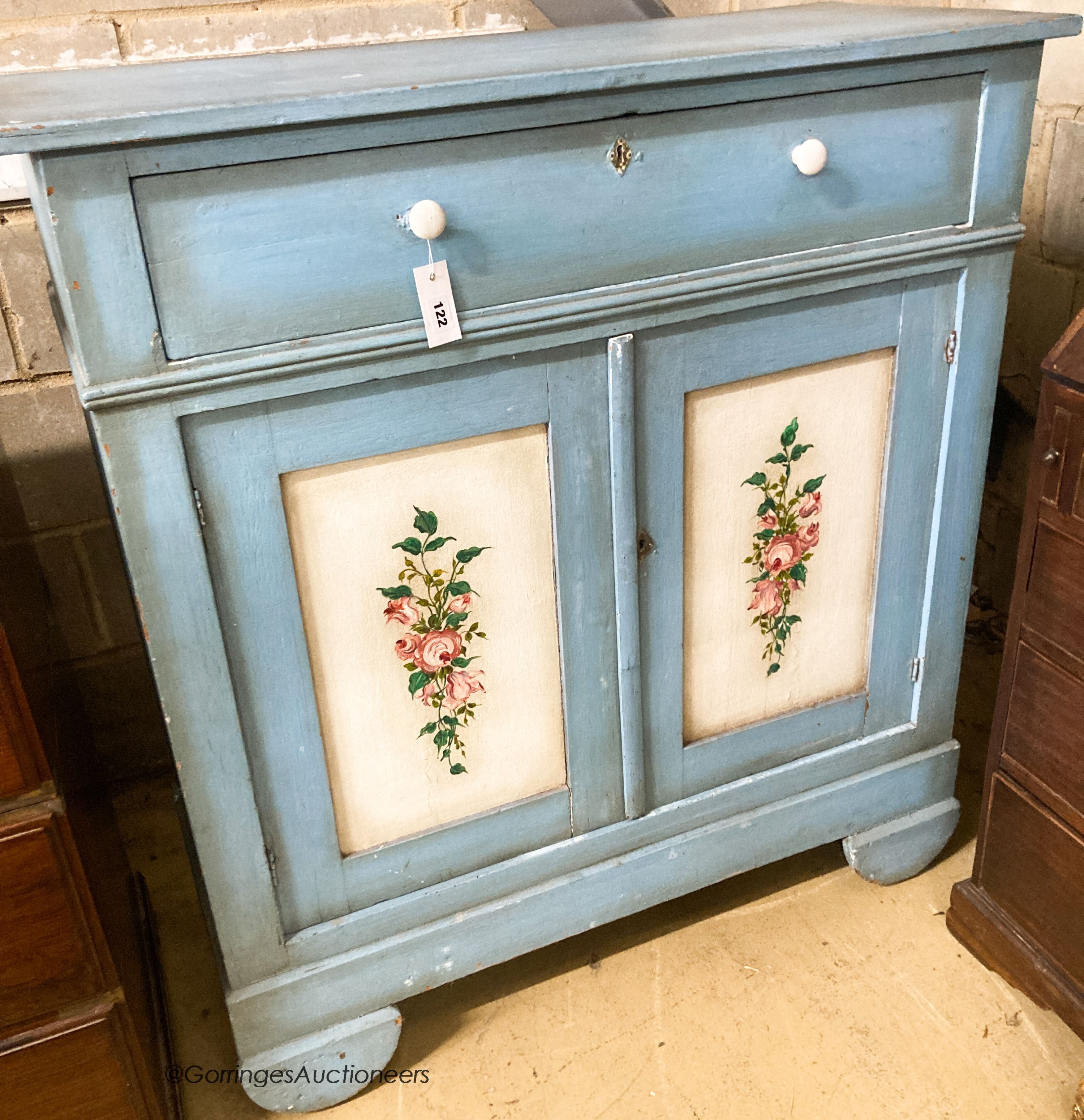 A 19th century French later painted pine side cabinet, width 103cm, depth 43cm, height 110cm